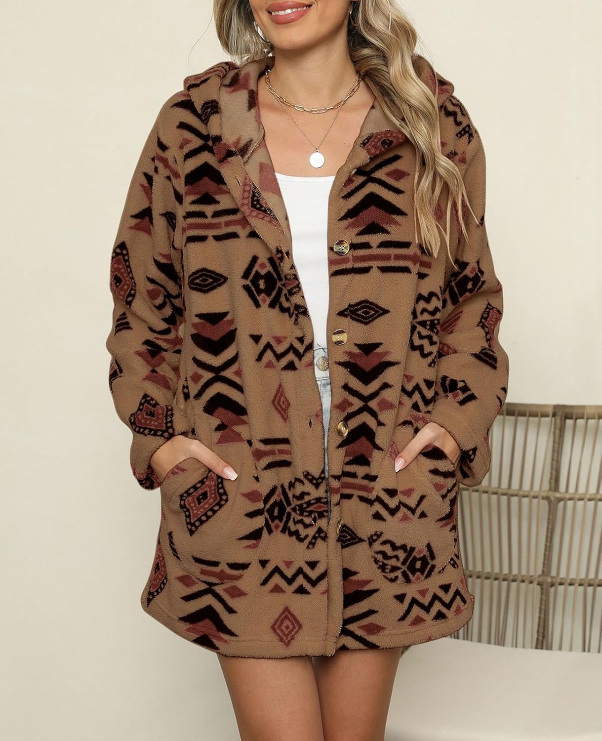 SELINK Womens Aztec Print Fleece Hoodie Jacket Button Down Shacket Casual Sherpa Coats Warm Outwear with Pockets - Image 3
