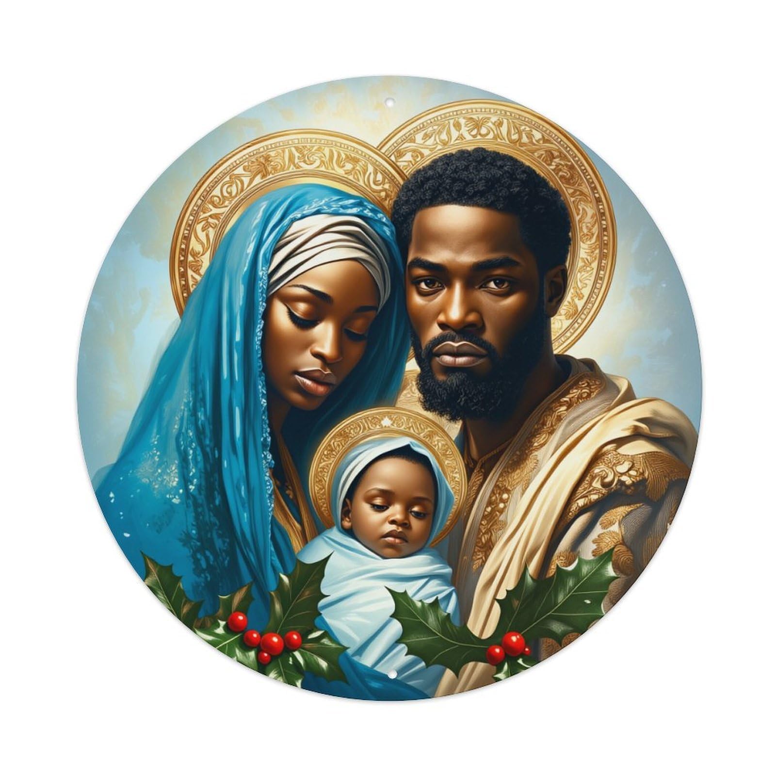 Holy Family With Halo And Holly Round Tin Sign Vintage Metal Poster, Home Bar Garage Man Cave Cafe Indoor & Outdoor Wall Decoration 8x8Inches