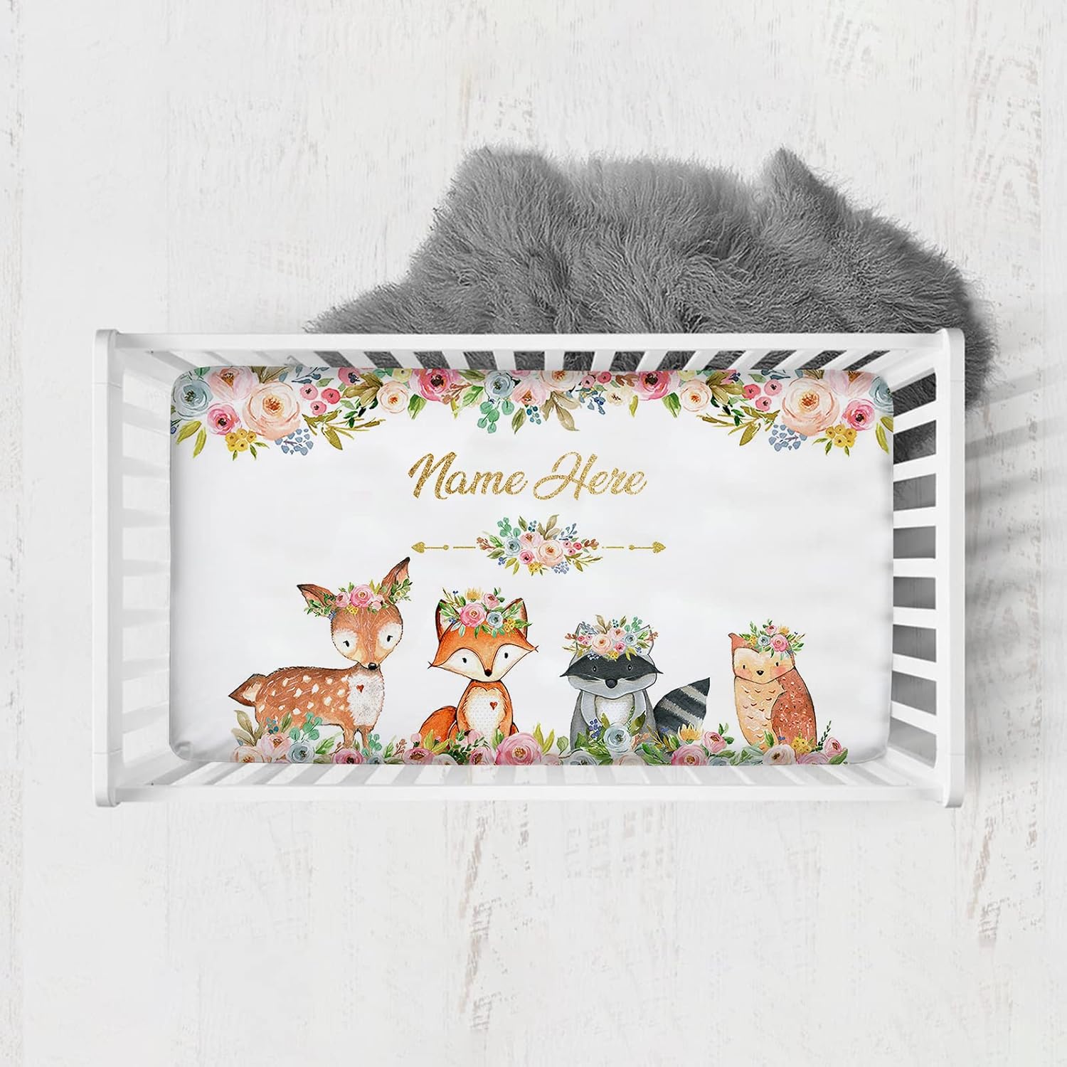 Woodland Animals Personalized Fitted Crib Bedding with Name, Custom Crib Mattress Sheets for Baby Boys Girls, Pack and Play Sheets