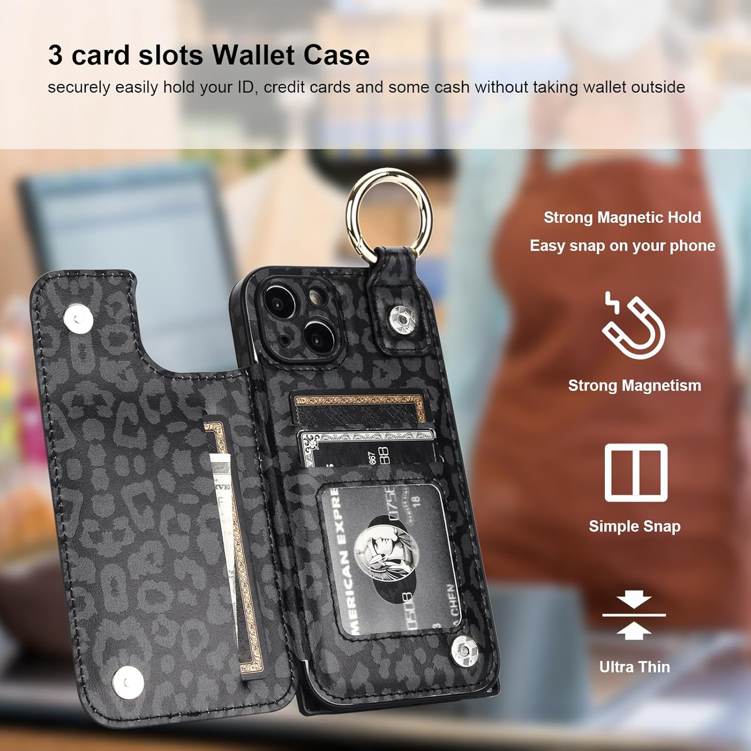 HAOPINSH Crossbody Wallet Case with Card Holder for iPhone 13, RFID Blocking Leather Case with Wrist Strap Lanyard, Finger Grip Ring, Black Leopard Cheetah Flip Kickstand Camera Protection 6.1"