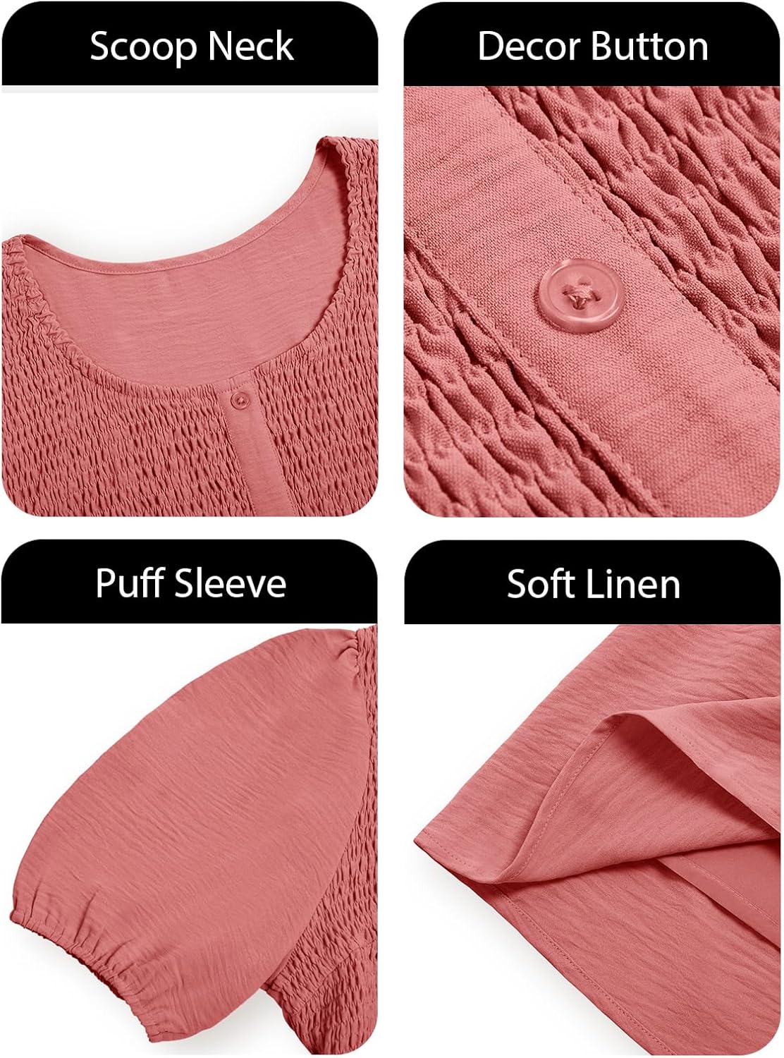 Beautife Women's Plus Size Smocked Summer Dress Casual Button Puff Sleeve Scoop Neck A-Line Beach Mini Dress - Image 5