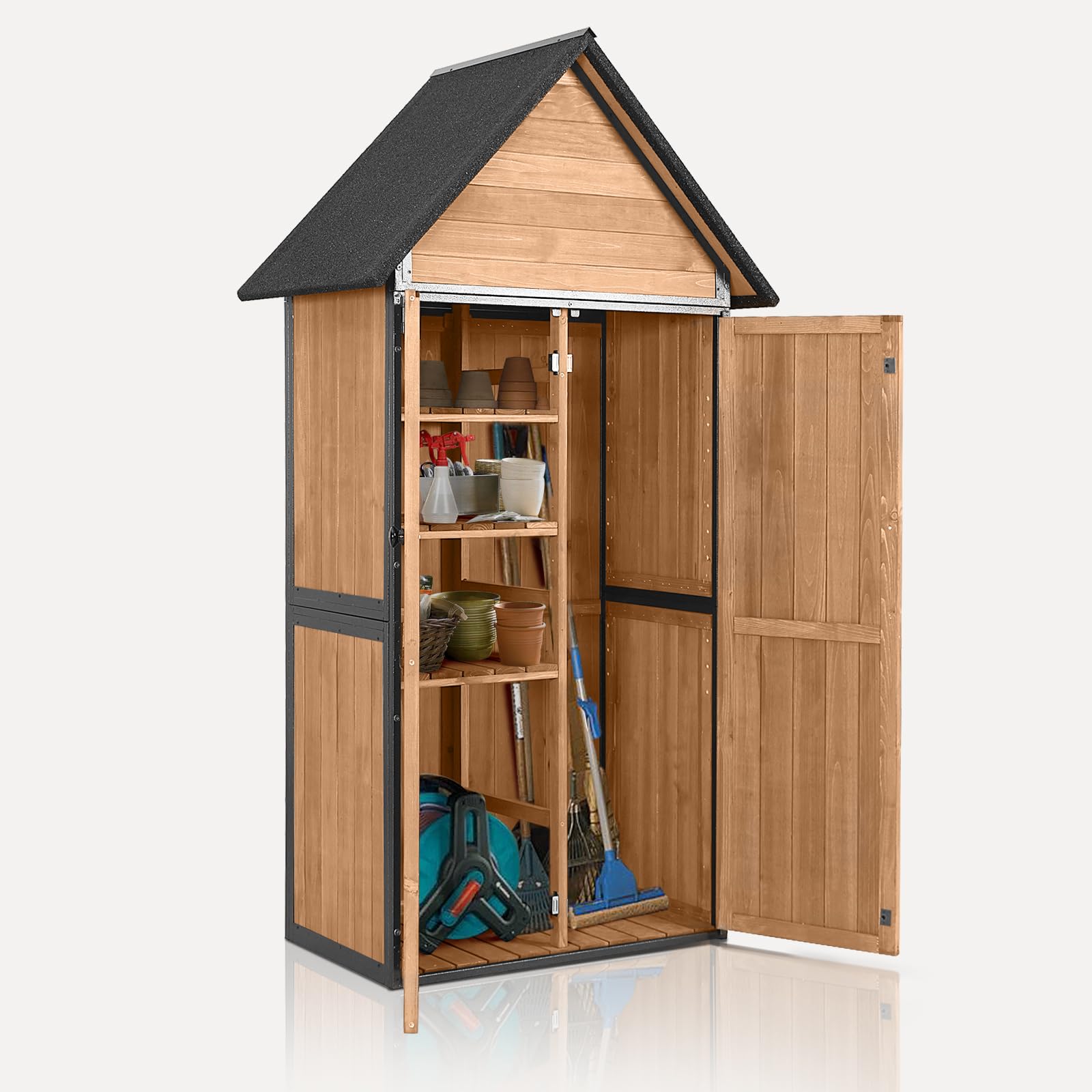 MEDEHOO Outdoor Storage Shed with Floor and Waterproof Roof - Metal Framed Tool Cabinet with Adjustable Shelves - Double Lockable Doors for Backyard,