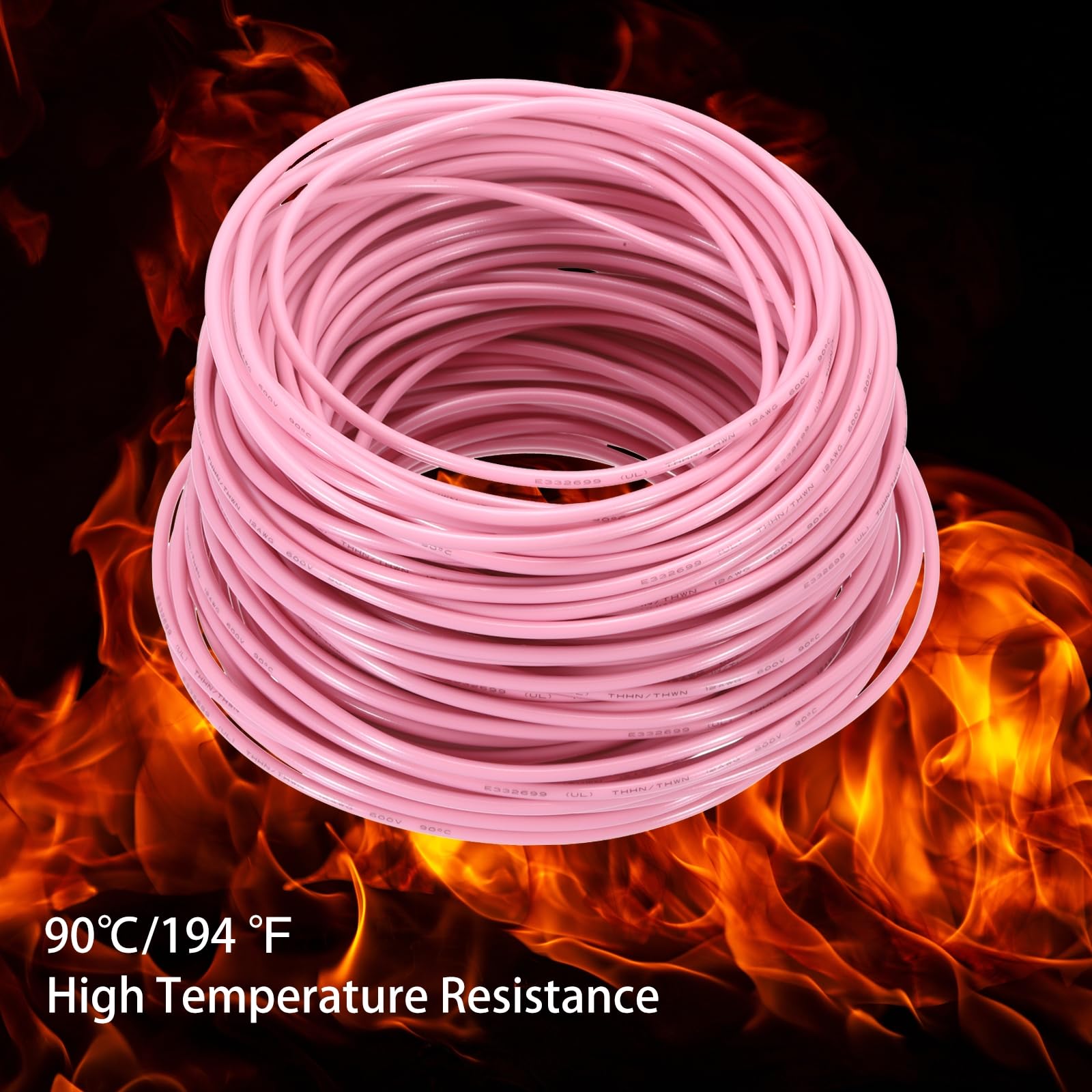 QUARKZMAN 100 Pies Cable Eléctrico Aislado Cobre Sólido 12AWG Cable De Conexión THHN Cable Residencial Industrial Para Puesta A Tierra Clasificado Para 600 Voltios Listado UL Rosa