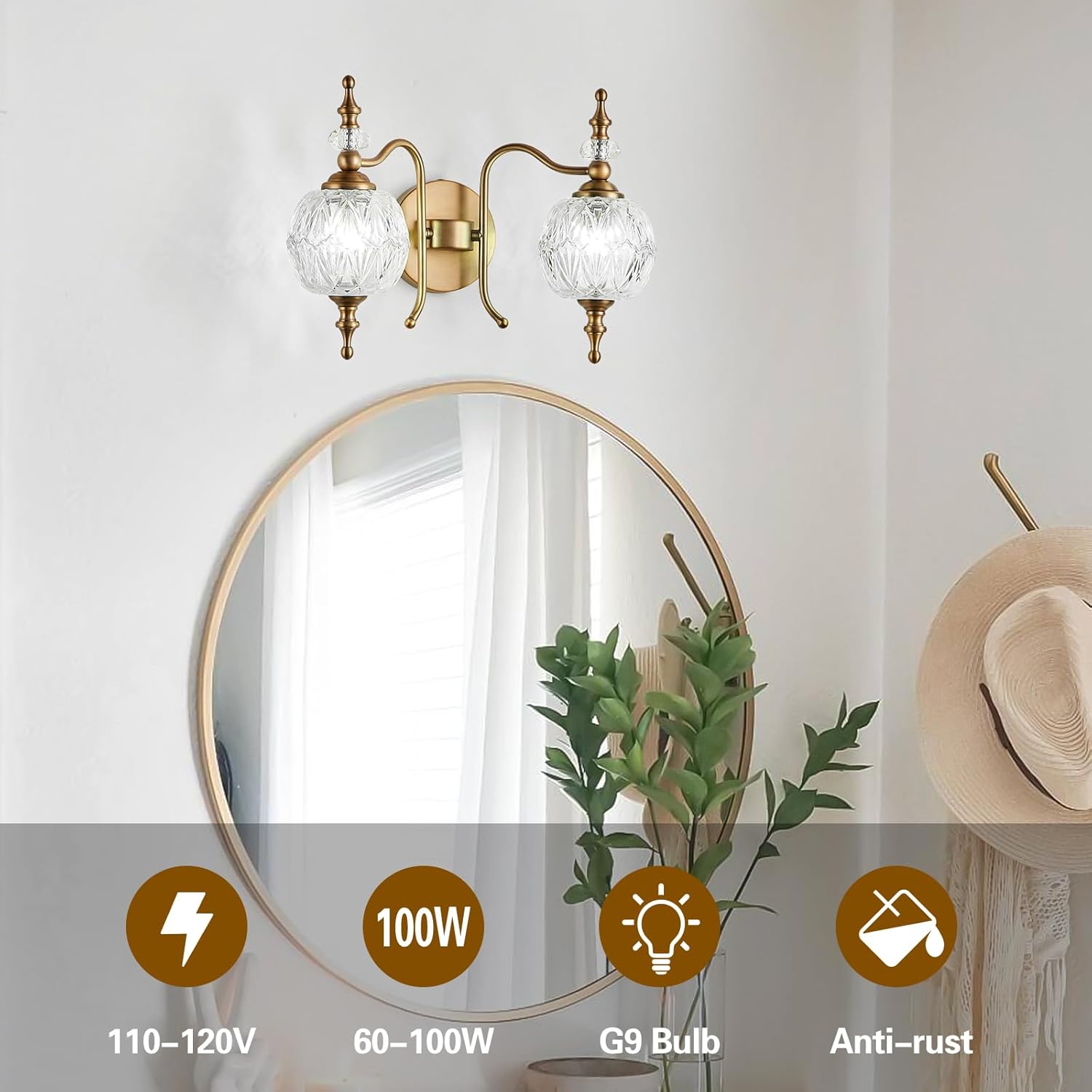 2-Light Vintage Crystal Bathroom Wall Sconces, Matte Brushed Antique Brass Finish Retro Wall Sconce Light with Crystal Glass Shade for Bathroom