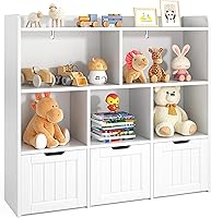 Vista 9 de Gizoon Gabinete de almacenamiento de juguetes y estantería para niños con 3 cajones móviles y 6 estantes abiertos con barrera de prevención de Blanco