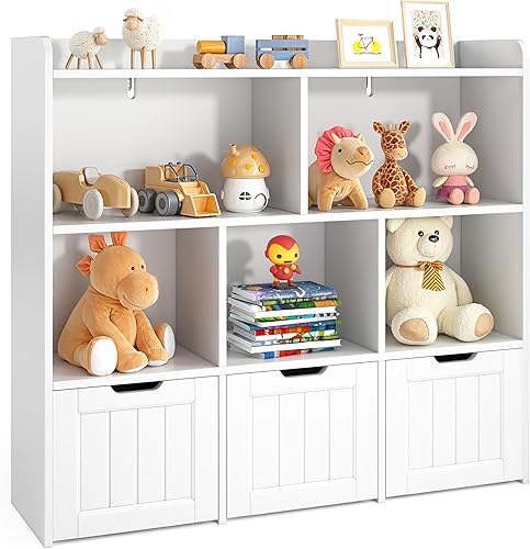 Miniatura 9 de Gizoon Gabinete de almacenamiento de juguetes y estantería para niños con 3 cajones móviles y 6 estantes abiertos con barrera de prevención de Blanco
