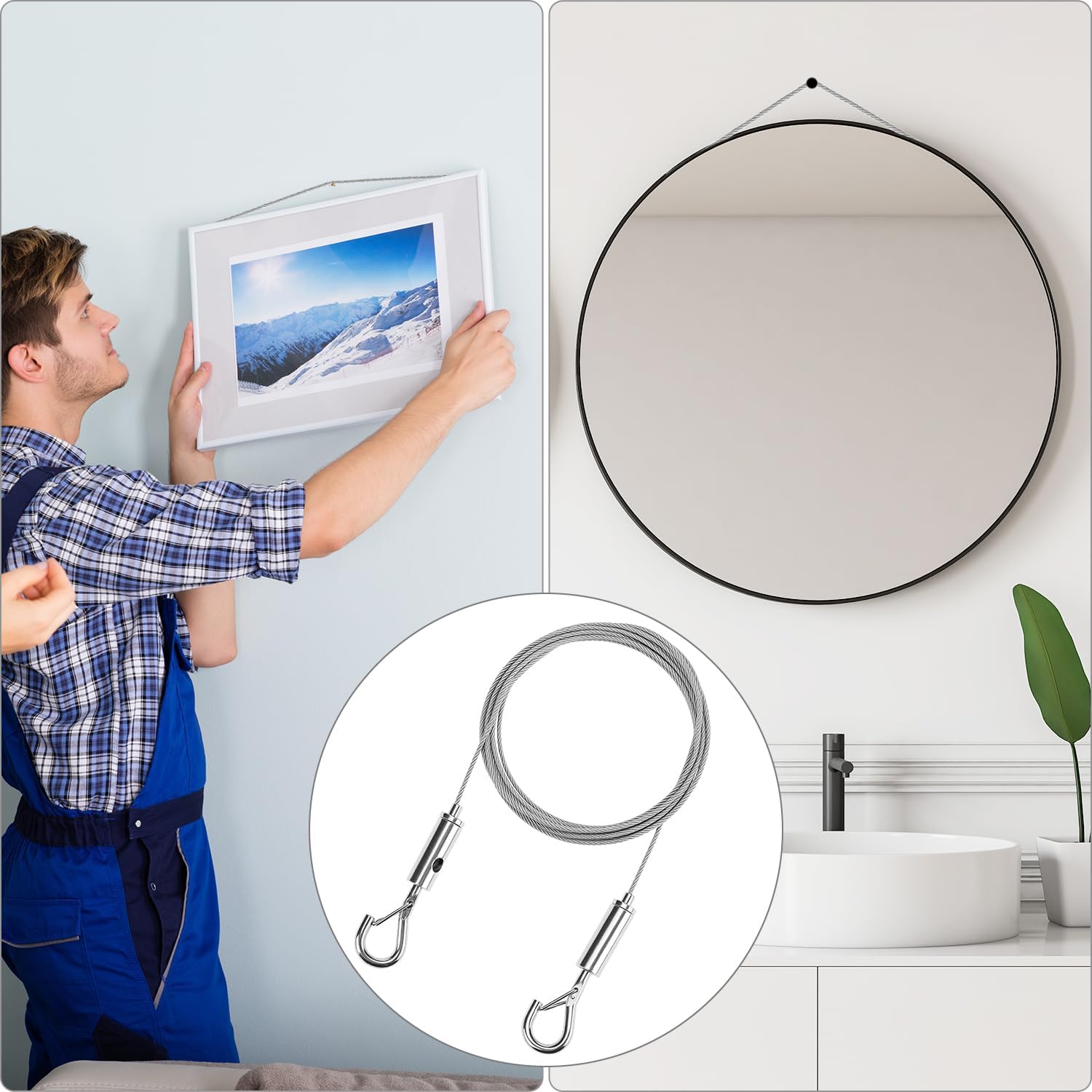 QWORK Picture Hanging Kit, 8 Pcs 6.6 ft Adjustable Mirror Frame Hanging Wire Kit, 304 Stainless Steel Cables with Hooks, Supports Up to 66 lbs