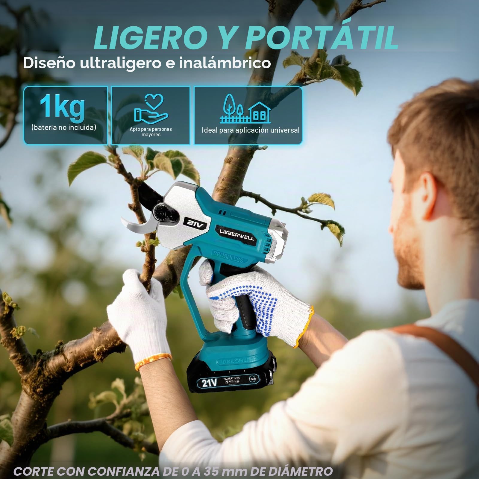 Tijeras Eléctricas para Ramas para Makita Batería 18V, 600W Tijeras de Podar Profesionales con 2 Baterías de 2000mAh, Motor sin Escobillas Manual con Contador de Cortes LCD, Diámetro de Corte de 35mm