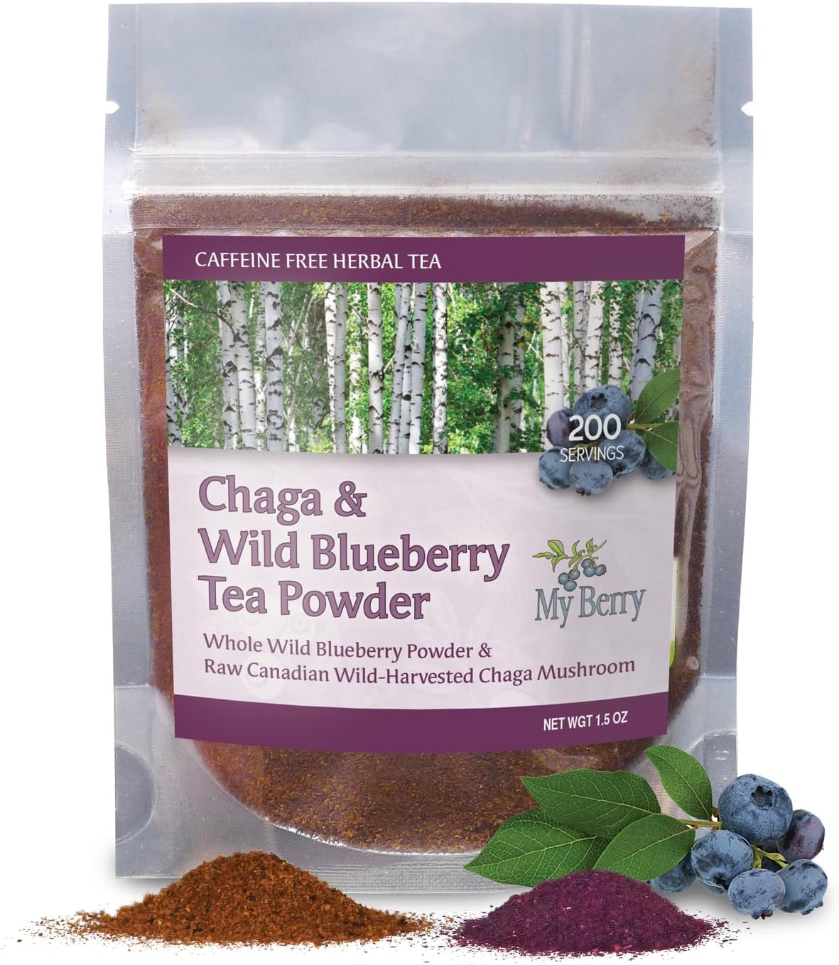Maine Chaga & Wild Blueberry Tea Powder- Herbal Superfood Blend | 100% Wild-Harvested USA & Canadian Grown Chaga | 1.5oz | Caffeine-Free, Antioxidant-Rich | 200+ Servings | 100% Natural, No Additives