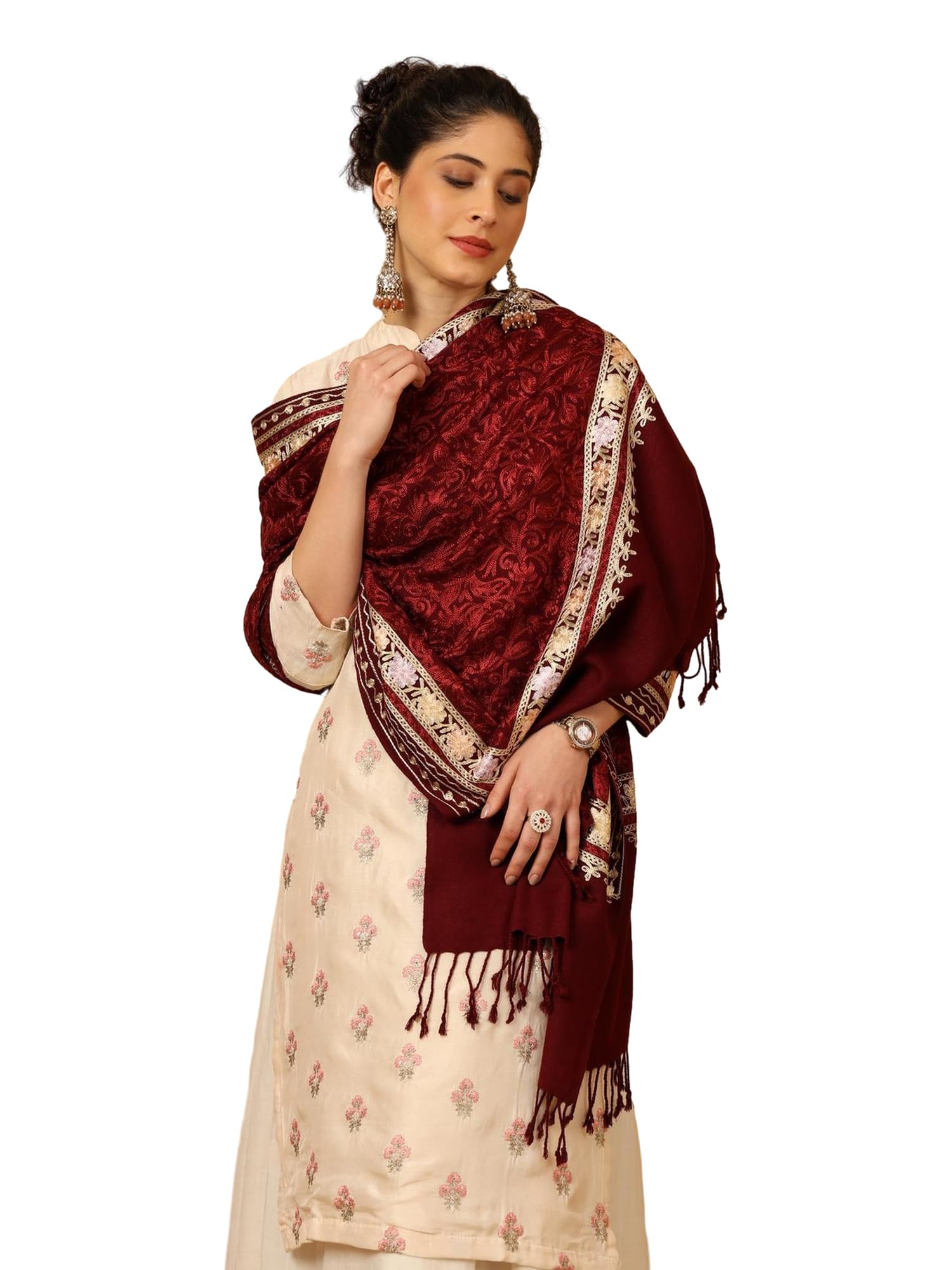 tweedle Women’s Plain Pure Wool Feel Stole/Wrap with allover Embroidery Jaal for Winters, Warm and Soft Wrap for Ladies/Girls, Medium Size-picture-12