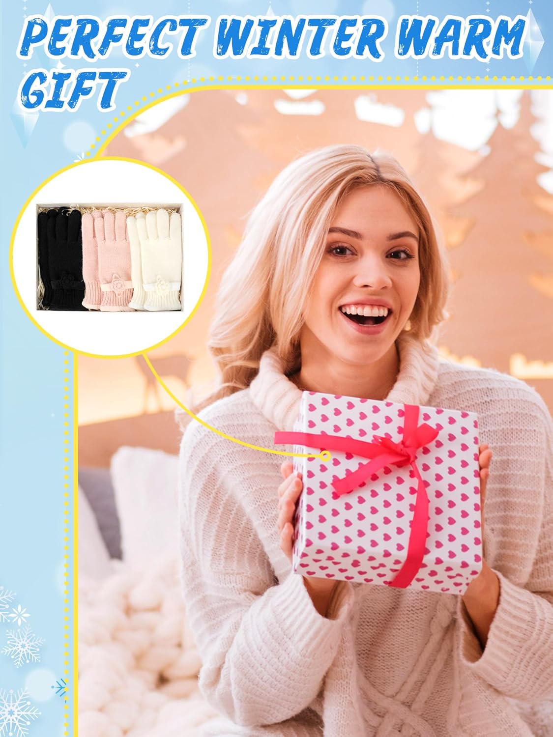 Geyoga 3 Pairs Winter Warm Gloves for Women Floral-cuff Knit Gloves Pink Black White Cozy Winter Wear Winter Warm Gift for Women - Image 5
