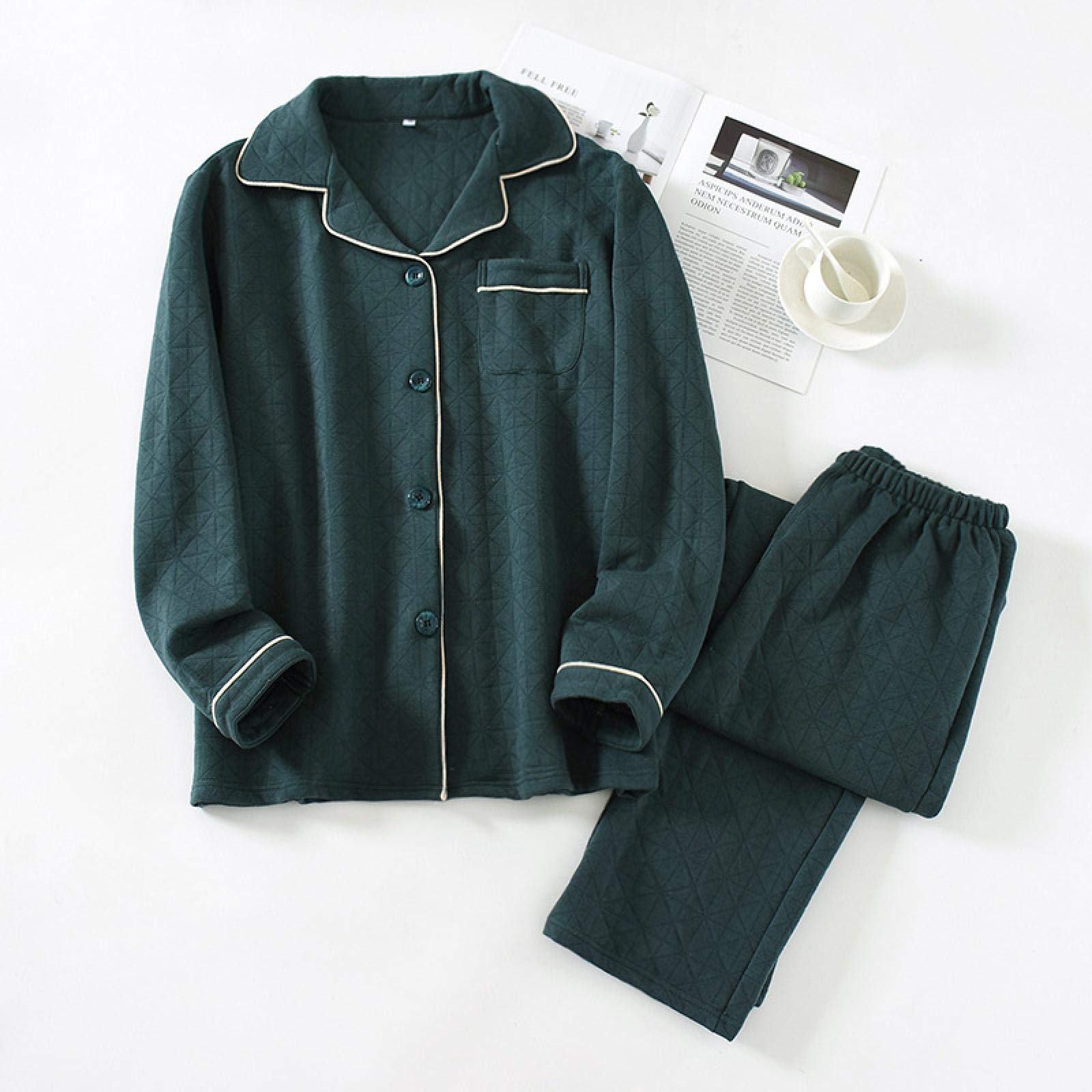 Un Pijama Cómodo Pijamas De Mujer Pijamas De Mujer Pijamas De Mujer Color Sólido Otoño E Invierno Conjunto De Pijamas De Pareja De Algodón Puro Algodón Fino M,Maledarkgreen-L