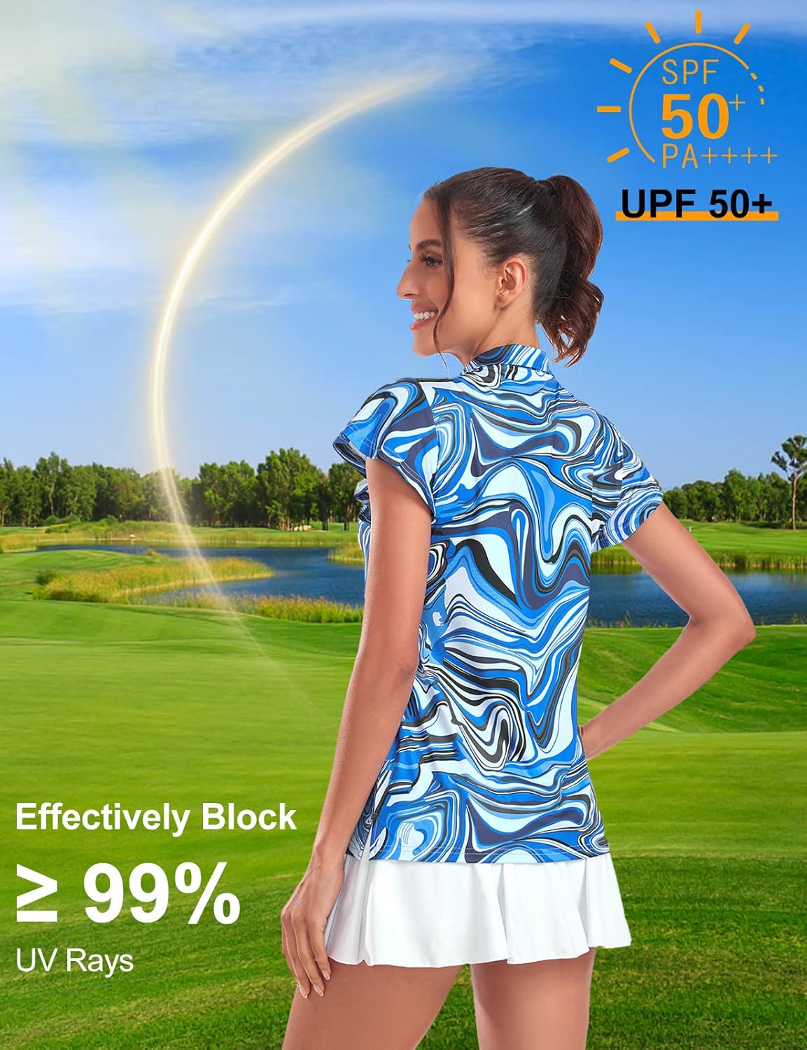 Tanst Sky Women's Golf Polo Shirts Zip Up Ruffles Short Sleeve Workout Tops Quick Dry - Image 5