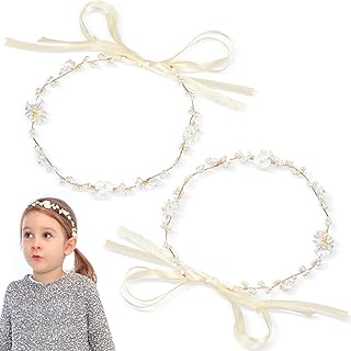 FLEXNOVA 2 Stück Blumenmädchen Haarschmuck, Haarschmuck Kommunion Mädchen Haarkranz Kinder Blumenkranz Kopfschmuck Kommunion Braut Kopfschmuck Weiß mit Perle Haarreifen für Mädchen Hochzeit