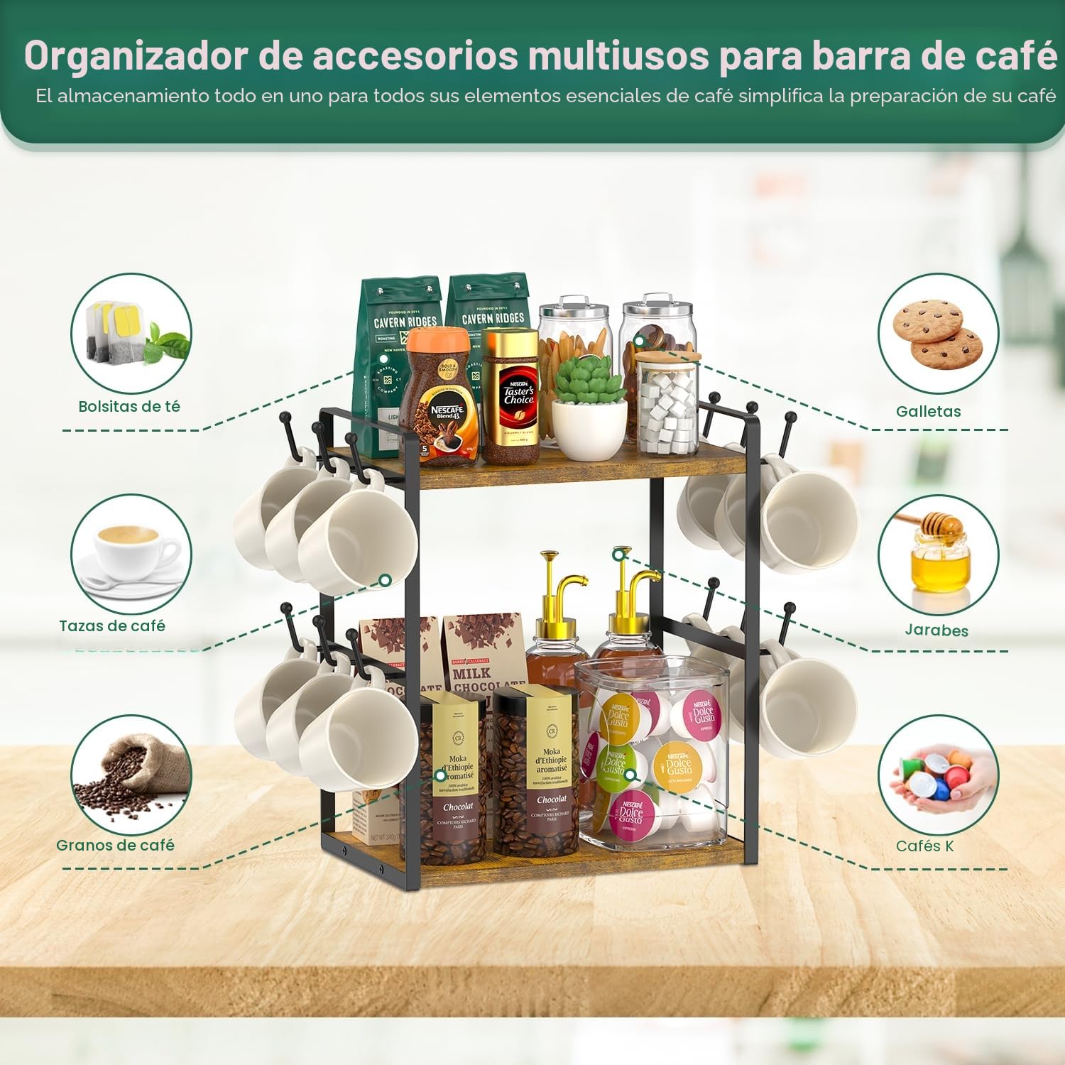 EsLuker.ly Soporte organizador de barra de café, soporte para tazas de encimera, estante de árbol de tazas de 2 niveles para cocina, oficina, estante de almacenamiento con 12 ganchos, crea una
