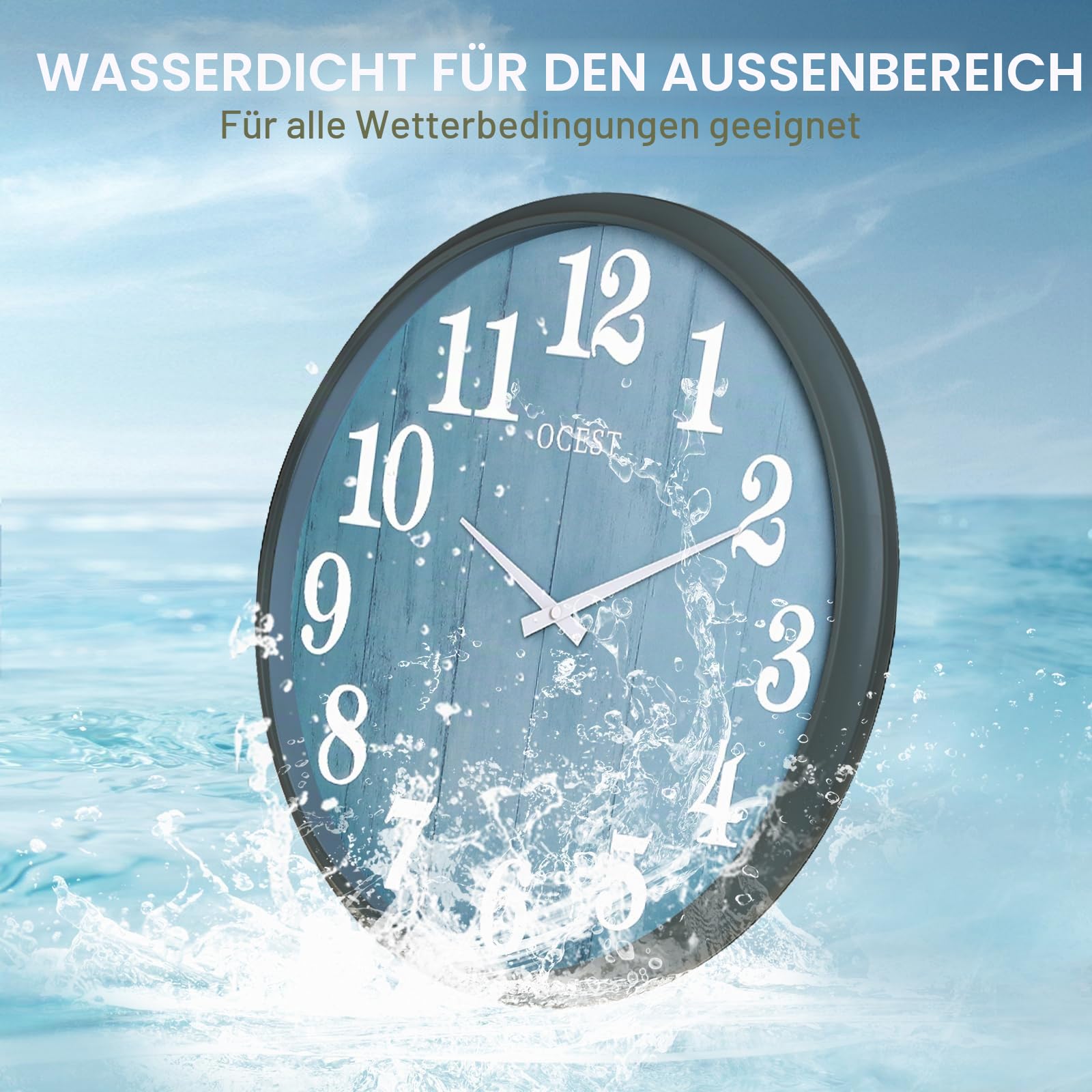 OCEST 45,7 cm (18 Zoll) große, wasserdichte Wanduhr für drinnen und draußen, geräuschlos, batteriebetrieben, wetterfest, für Terrasse, Pool, Garten, Veranda, Zaun, Veranda, Deck, Badezimmer