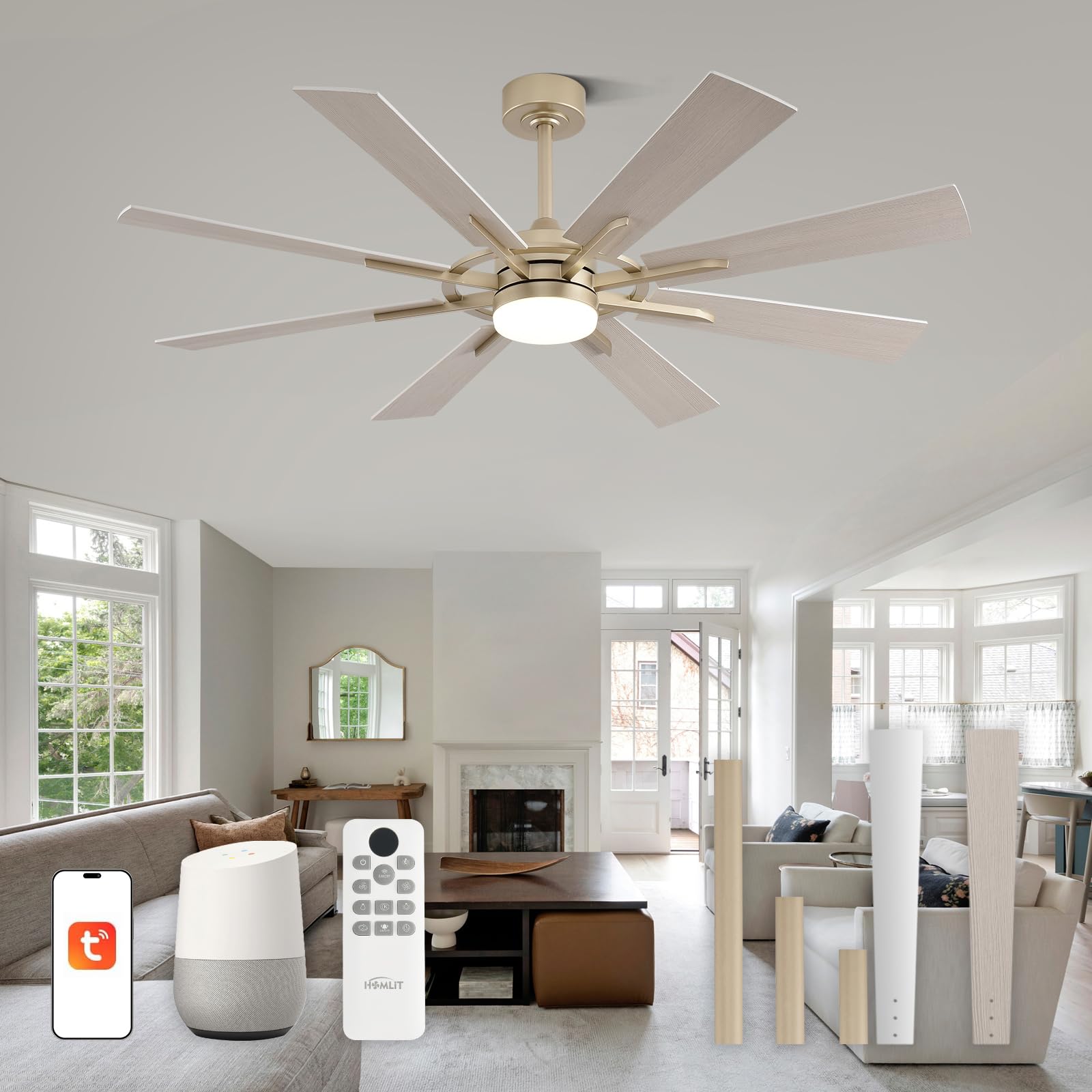 Homlit 60 Inch Smart Ceiling Fan, Silver Indoor/Outdoor Ceiling Fans with Lights and Remote, Compatible with Alexa/Google/App, 3CCT Dimmable 6 Speeds Timing for Living Room Bedroom Patio