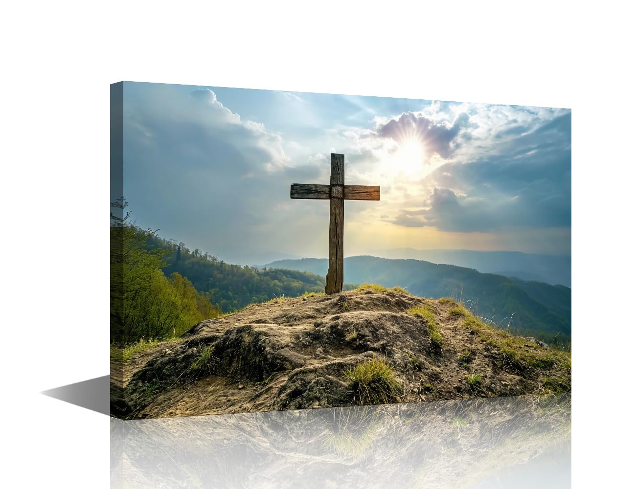 Christian Cross on the Hill Wall Art, Resurrection of Jesus Framed Picture Canvas Wall Decor Print Crosses Picture for Dining Room Home Bedroom Decoration Framed 24"Wx16"H