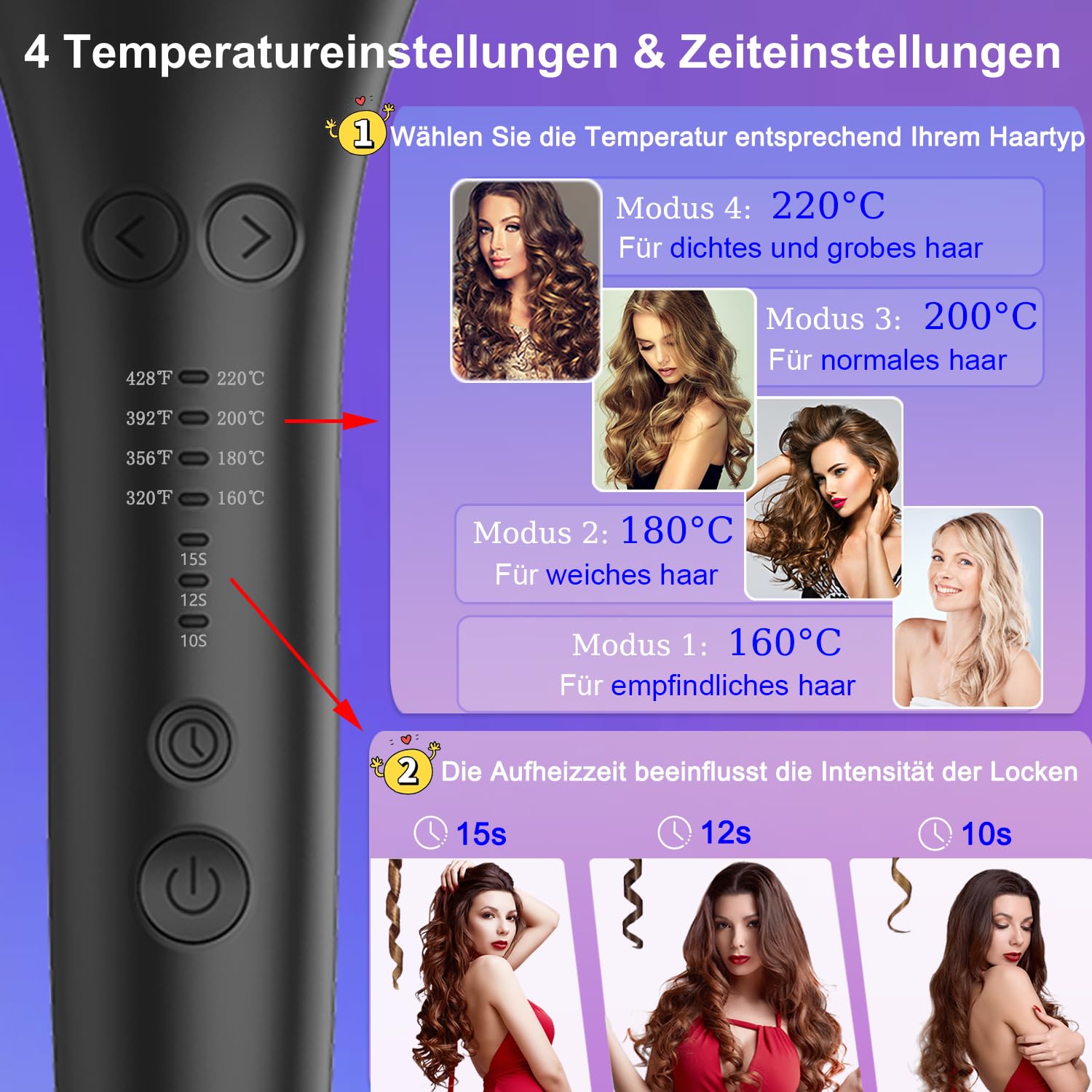 Lockenstab Automatisch,Lockenstab Große Locken mit mit 4 Temperatureinstellungen und 3 Heizzeitoptionen, Schnell Erhitzender Langanhaltende Frisur (Schwarz)