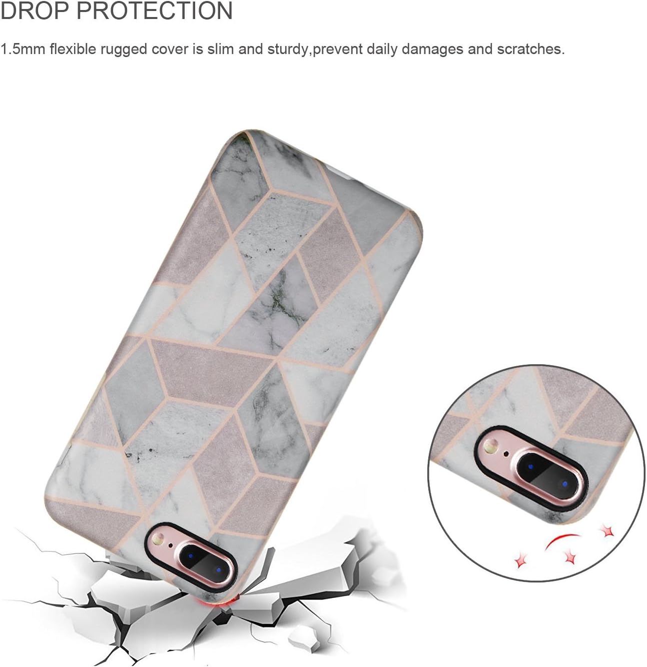 LUMARKE iPhone 8 Plus Case,iPhone 7 Plus Case,Geometric Grey Marble Designs for Girls Women Men,Soft TPU Silicone Cover Slim-fit Protective Phone Case for Apple iPhone 7 Plus/iPhone 8 Plus