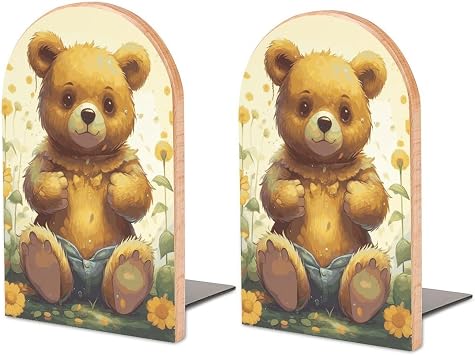 Book Ends for Shelves Heavy Duty Non-Slip Wooden Bookends with Metal Base Modern Decorative Wooden Book Holders Flower And Bear Book Stopper for Home Office And Library,Books Shelf Holder Organizer Ac