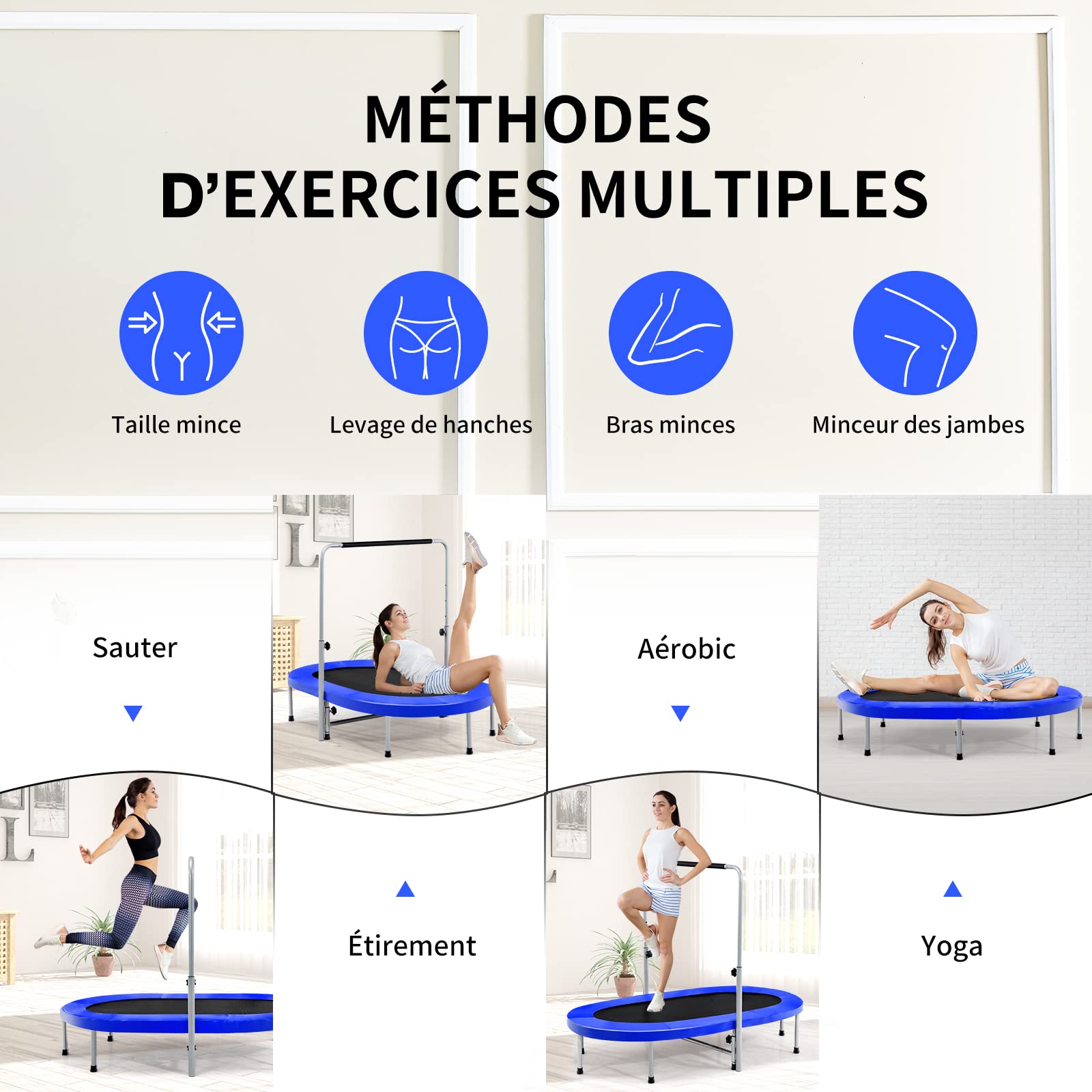 GYMAX Trampoline Double de Loisir pour 2 Personnes, Trampoline Pliable avec Poignée Réglable et Coussin de Sécurité, Rebondisseur Ovale pour Enfants et Adultes, Intérieur et Extérieur