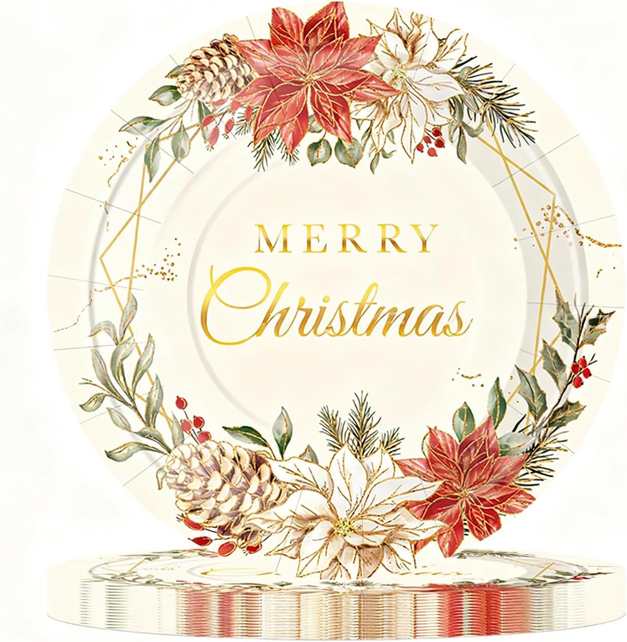 24 Pcs Christmas Paper Plates Disposable Poinsettia Vintage Red Poinsettia Flower Design Tableware Serving Tray Decorative Floral Plate for Merry Christmas Holiday Dinner Party Decor (7 inch)
