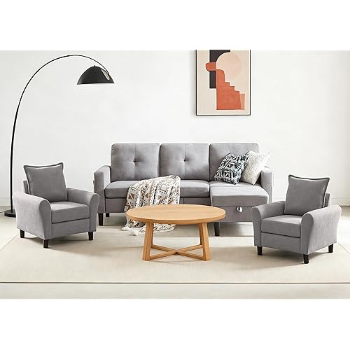 3 Piece Living Room Sofa Sets, Modern 3 Seater Sofa with Storage Ottoman and 2 PSC Armchair Couch Sets, Easy Assembly, Modern 5 Seat Sectional Couches for Living Room, Office, Light Grey