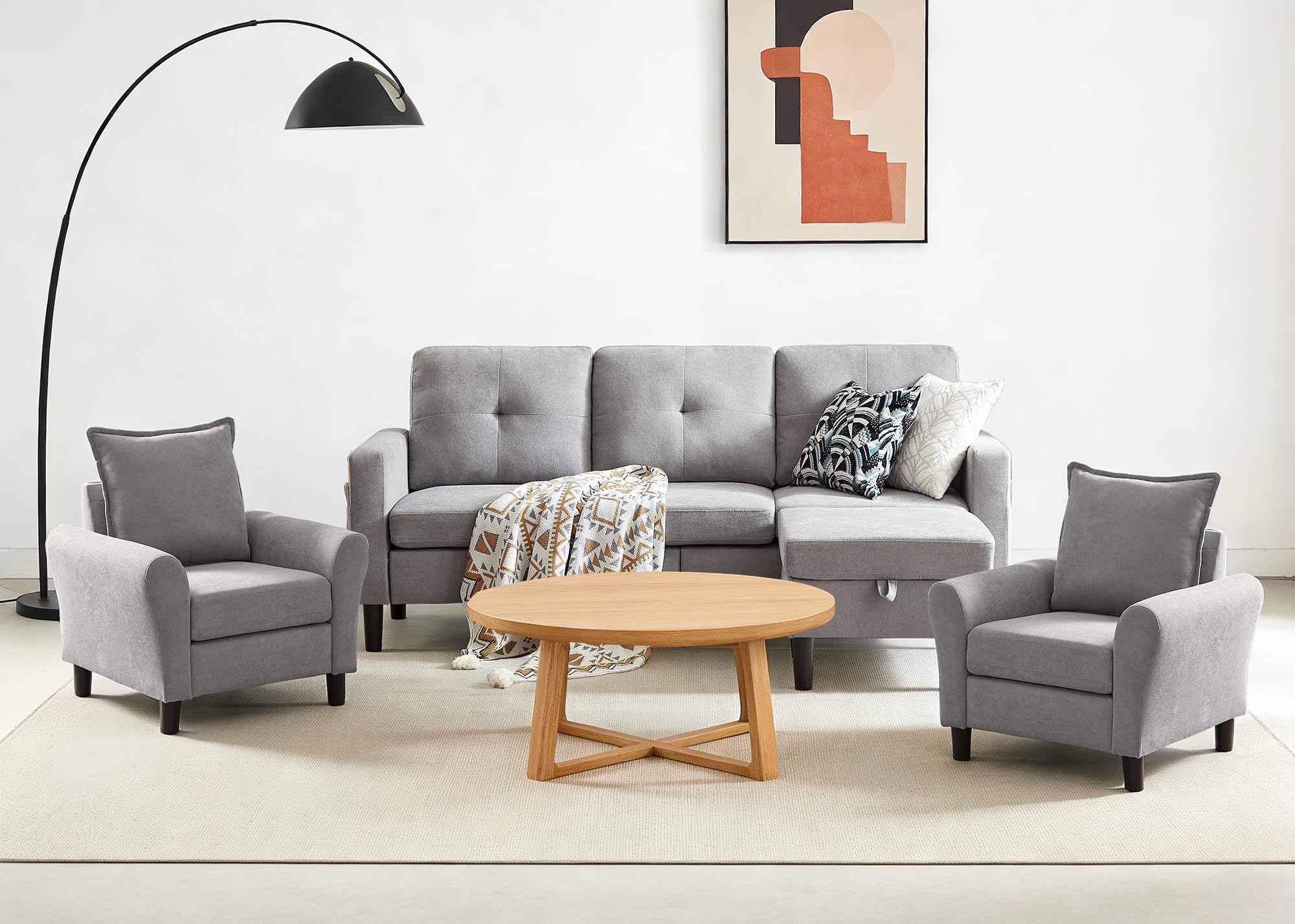 3 Piece Living Room Sofa Sets, Modern 3 Seater Sofa with Storage Ottoman and 2 PSC Armchair Couch Sets, Easy Assembly, Modern 5 Seat Sectional Couches