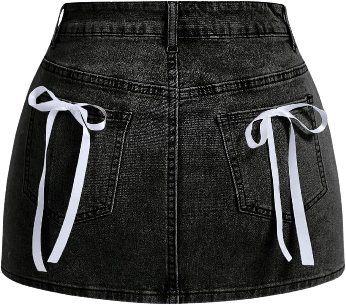 MakeMeChic Women's Denim Skirt High Waist Bow Pocket Bodycon Y2K Mini Jean Skirts