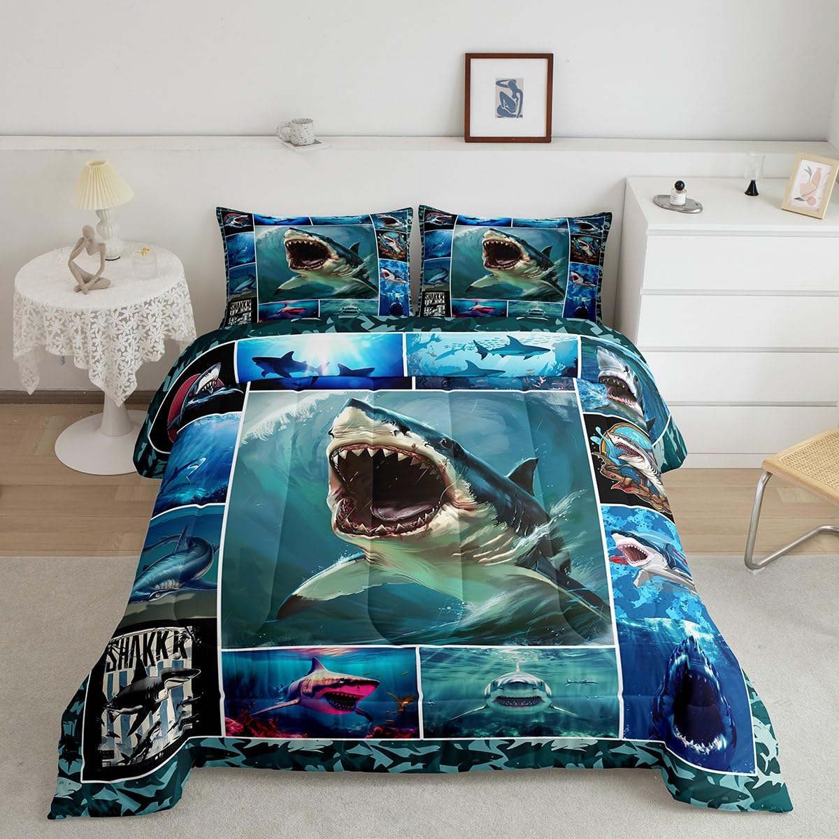 Teens 3D Shark Print Comforter Set Queen Size,Shark Geometric Grid Bedding Set for Kids Boys Girls Bedroom Decoration,Sea Animals Bed Duvet Insert,