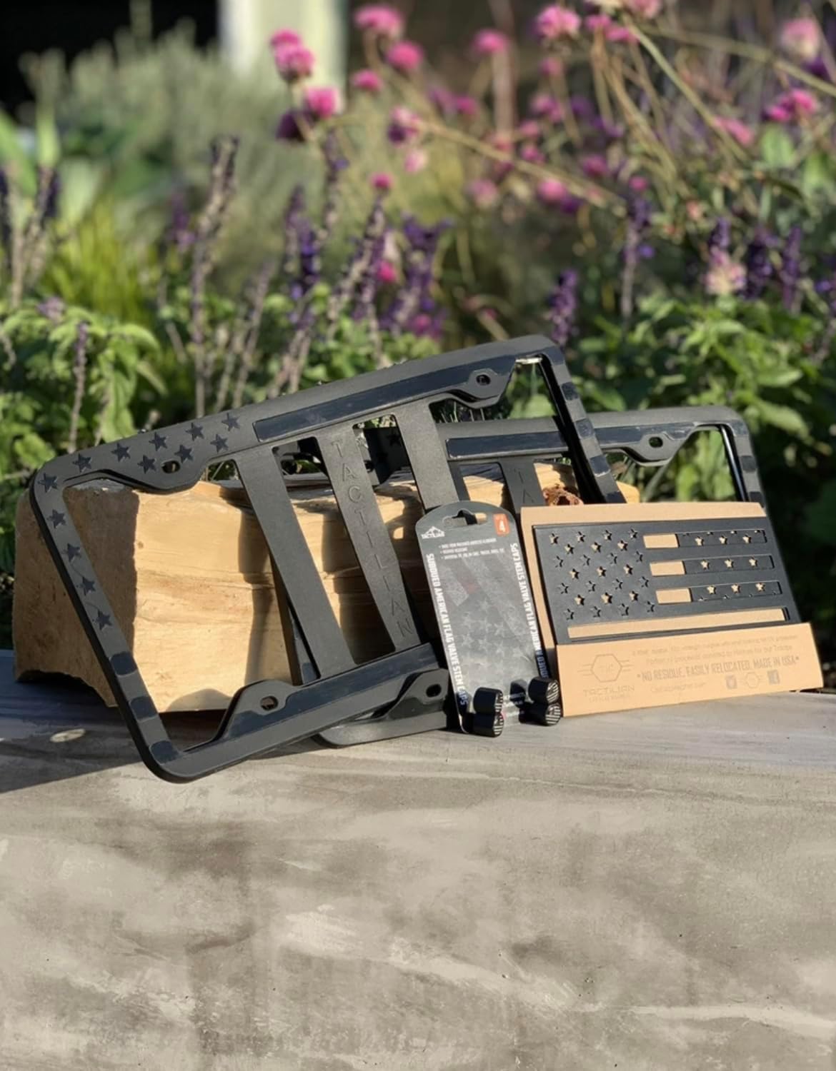 Tactilian Patriotic Car Accessory Bundle - American Flag Car Magnets + Topography License Plate Frame + USA Flag Tire Valve Stem Caps