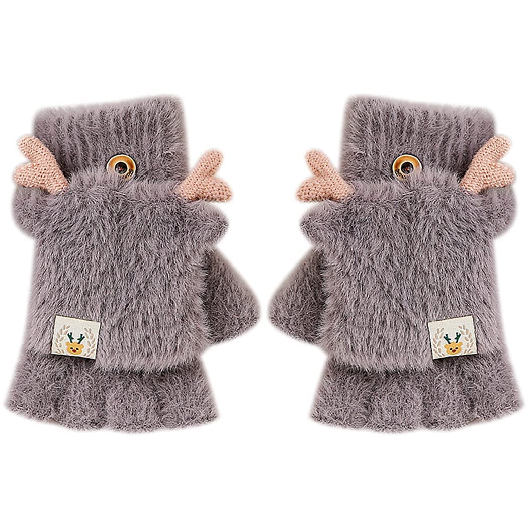 PearlTree Stretchy Windproof Fashion Convertible Woman Gloves - Cute Warm Feather Fingerless With Mitten Cover - Thermal Flip Top (5-12 Years) (Grey)-image-3