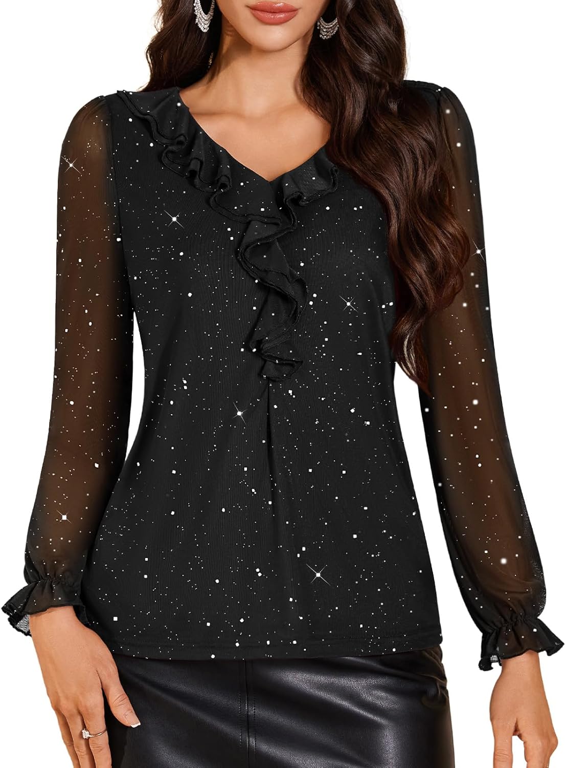 DRESSTELLS Women's Sequin Tops Ruffle V Neck Long Sleeve Double Layers Mesh Sparkly Blouses for Party