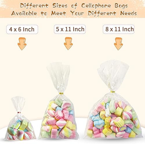 Miniatura 3 de 100 bolsas de celofán bolsas de celofán transparentes de 11 x 5.3 pulgadas con 110 lazos giratorios para envolver regalos, aperitivos de dulces,