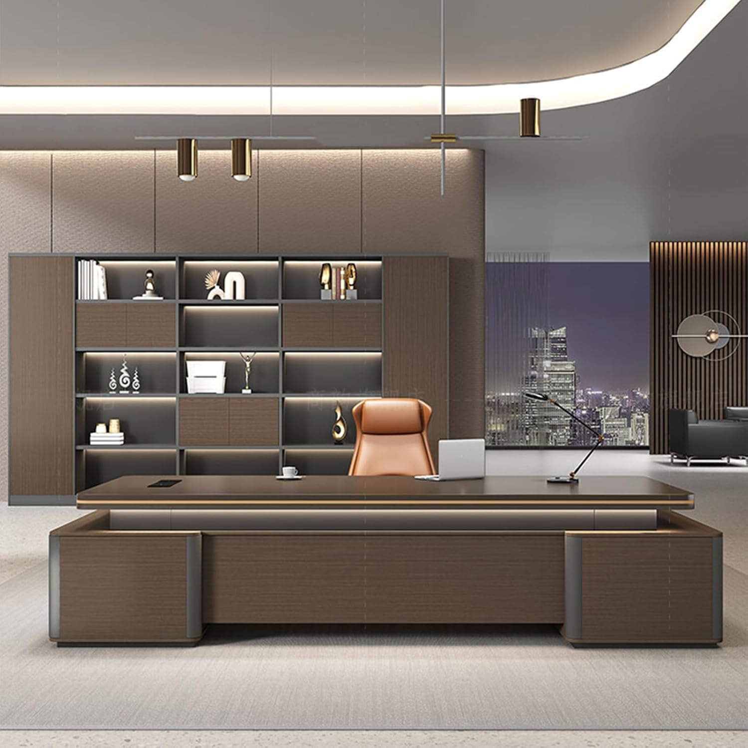 Modern Wood Executive Office Desk, Computer Desk with Lateral Cabinet, Writing Study Table Business Furniture Set for CEO Boss