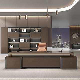 94" Brown Large Modern Executive Office Desk, Wood Computer Desk with File Drawers Study Writing Table Business Furniture Set for CEO Boss, Business
