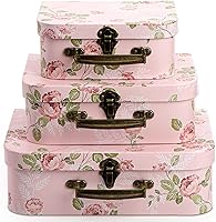 Fasmov 3 Pack Pink Paperboard Suitcase Storage Boxes with Lids - Retro Decorative Gift Boxes for Photos, Home Decor, Weddings, Birthdays