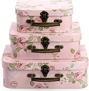 Fasmov 3 Pack Pink Paperboard Suitcase Storage Boxes with Lids - Retro Decorative Gift Boxes for Photos, Home Decor, Weddings, Birthdays