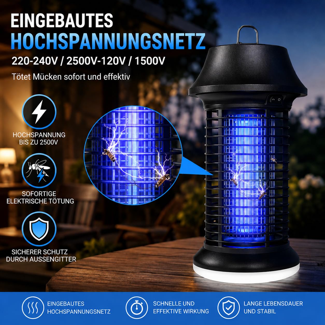 Insecticida eléctrico 2500 V, 15 W, UV, con luz LED, lámpara antimosquitos IPX4, resistente al agua, trampa contra mosquitos, moscas e insectos, para interior y exterior