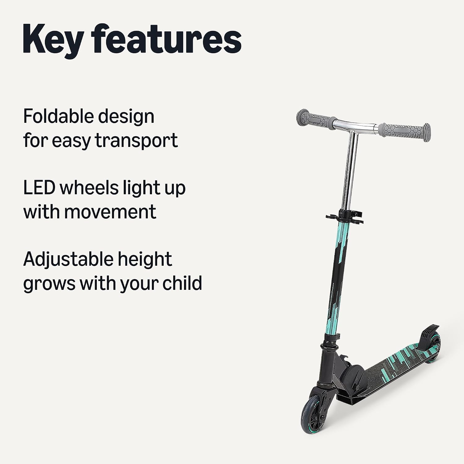 Amazon Basics Kids Kick Scooter, Foldable, Lightweight, Adjustable, Black/Teal