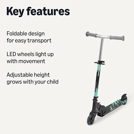 Amazon Basics Kids Kick Scooter, Foldable, Light Up Wheels, Adjustable Handlebar, Aluminum Frame, 3.9-Inch Wheels, Black/Teal