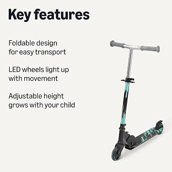 Amazon Basics Kids Kick Scooter, Foldable, Light Up Wheels, Adjustable Handlebar, Aluminum Frame, 3.9-Inch Wheels, Black/Teal