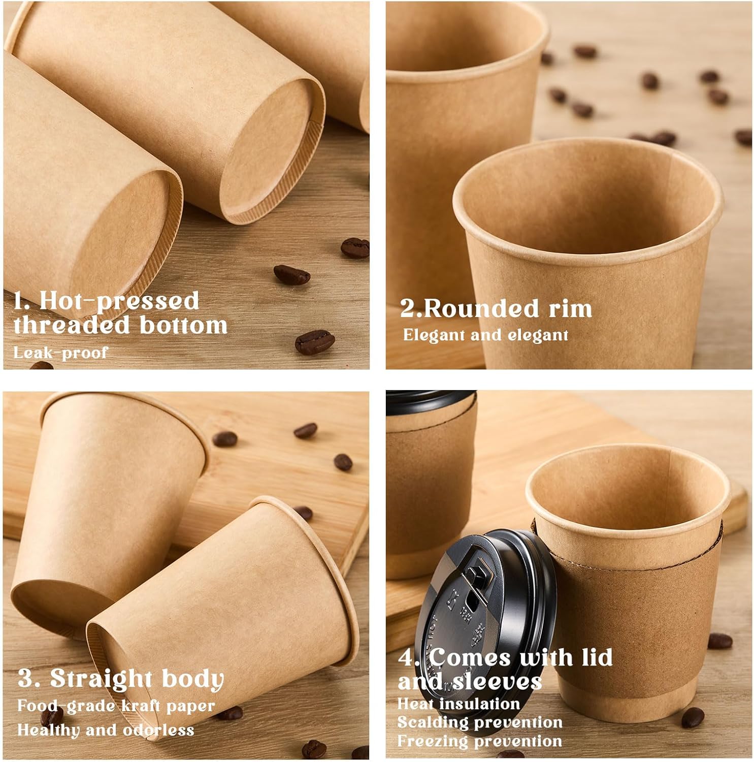 100 Pack 8 oz Kraft Paper Coffee Cups with Lids and Sleeves, Disposable Espresso Cups, Leak-Proof Thickened Hot/Cold Beverage Drinking Cup for Party, Home, Cafes, Businesses