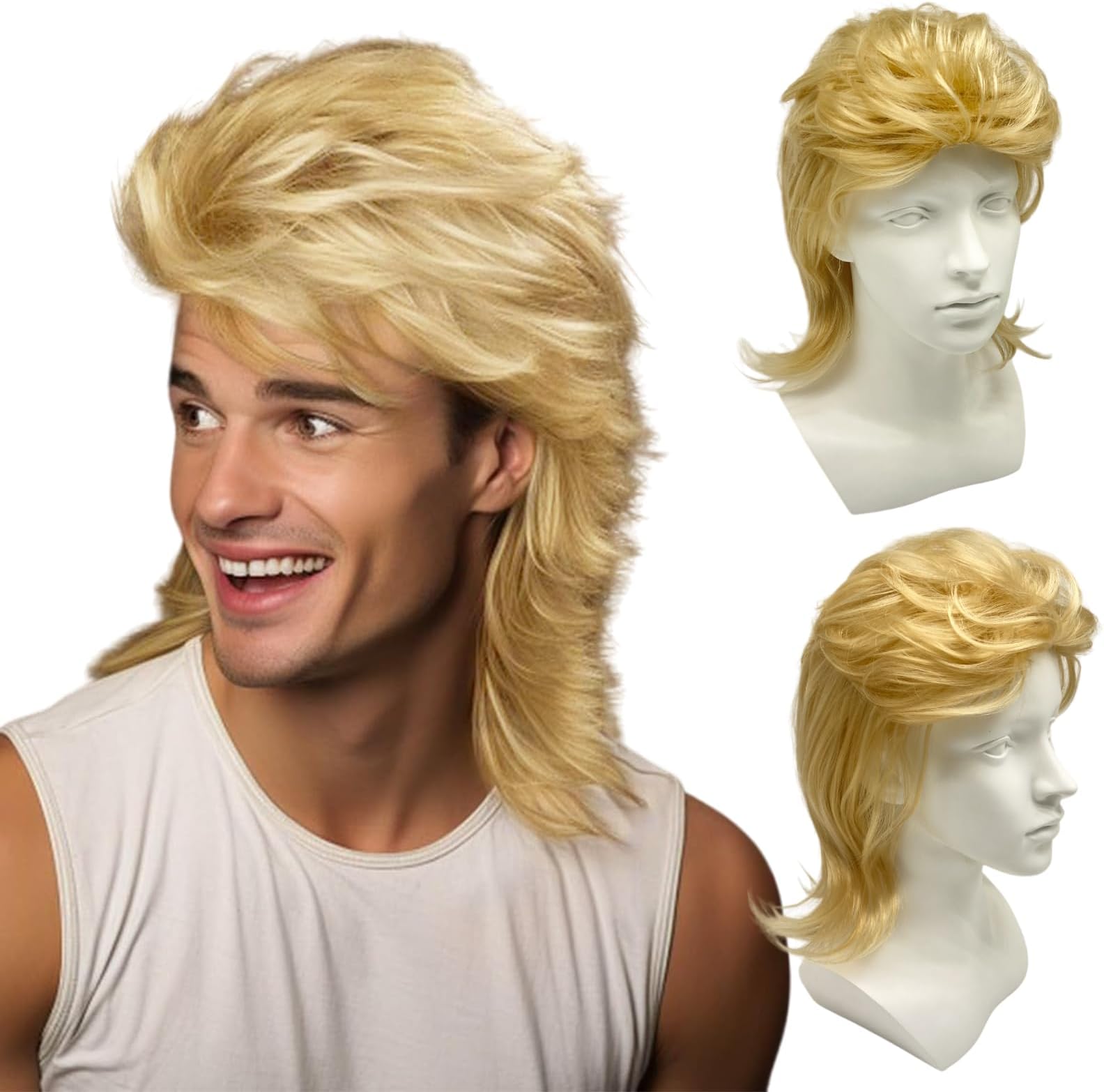UILYNIU Light Blonde Mullet Mens 80s Wig, Men's Rocker Wig, Mens for Adult, Hippie Pop Rock for Men, Long Curly 70s Costumes Carnival Halloween Costume Wig Fancy Party (Light Blonde)