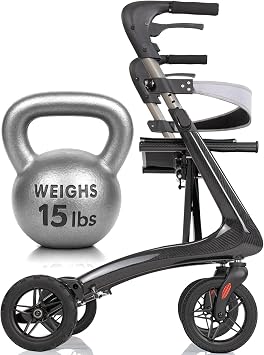 Vive Mobility Carbon Ultralight Rollator Walker - 4 Wheel Lightweight Carbon Fiber Walker for Seniors with Seat - All Terrain, Foldable, Height Adjustable - 300 lbs Weight Capacity, Mobility Aid