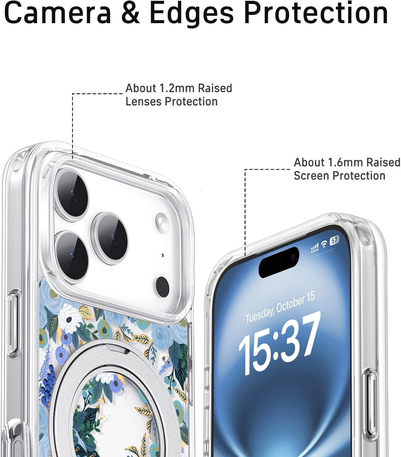 for iPhone 17 Pro Max Case with MagSafe Stand Ring for Women, Cute Clear Floral Design with 360° Kickstand Holder Magnetic Shock Proof Heavy-Duty Protection Blue Flower - Image 5