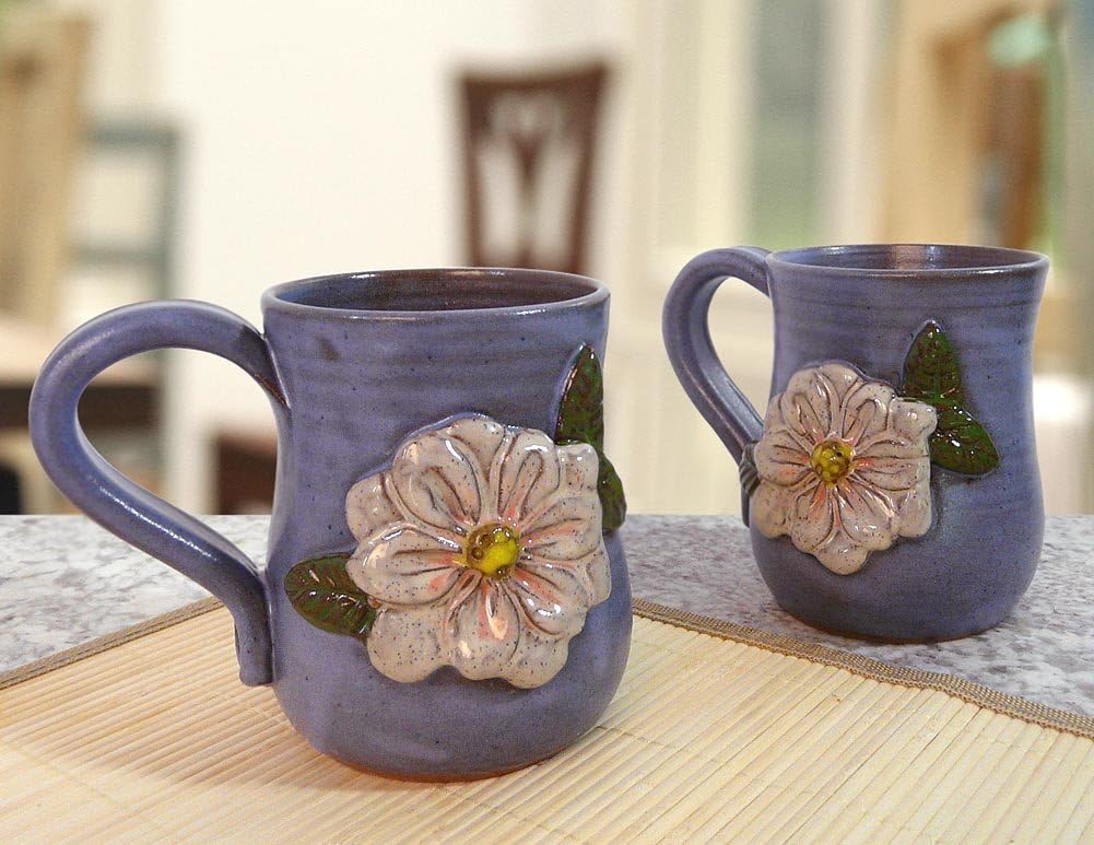 American Made Stoneware Pottery Magnolia Blossom Coffee Mug with Periwinkle/Purple Glaze