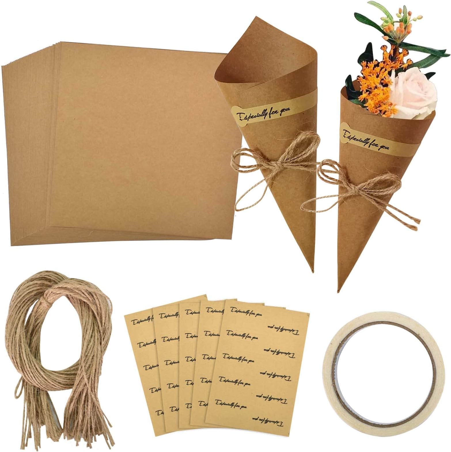 50 Kraft Paper Cones - Retro Wedding Favours with Stickers, Jute String & DIY Paper Party Cones for Dried Flower Confetti & Candies