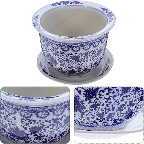 Miniatura 8 de Maceta decorativa de cerámica azul y blanca con orificio de drenaje, maceta decorativa de cerámica azul y blanca, diámetro de 6.7 pulgadas